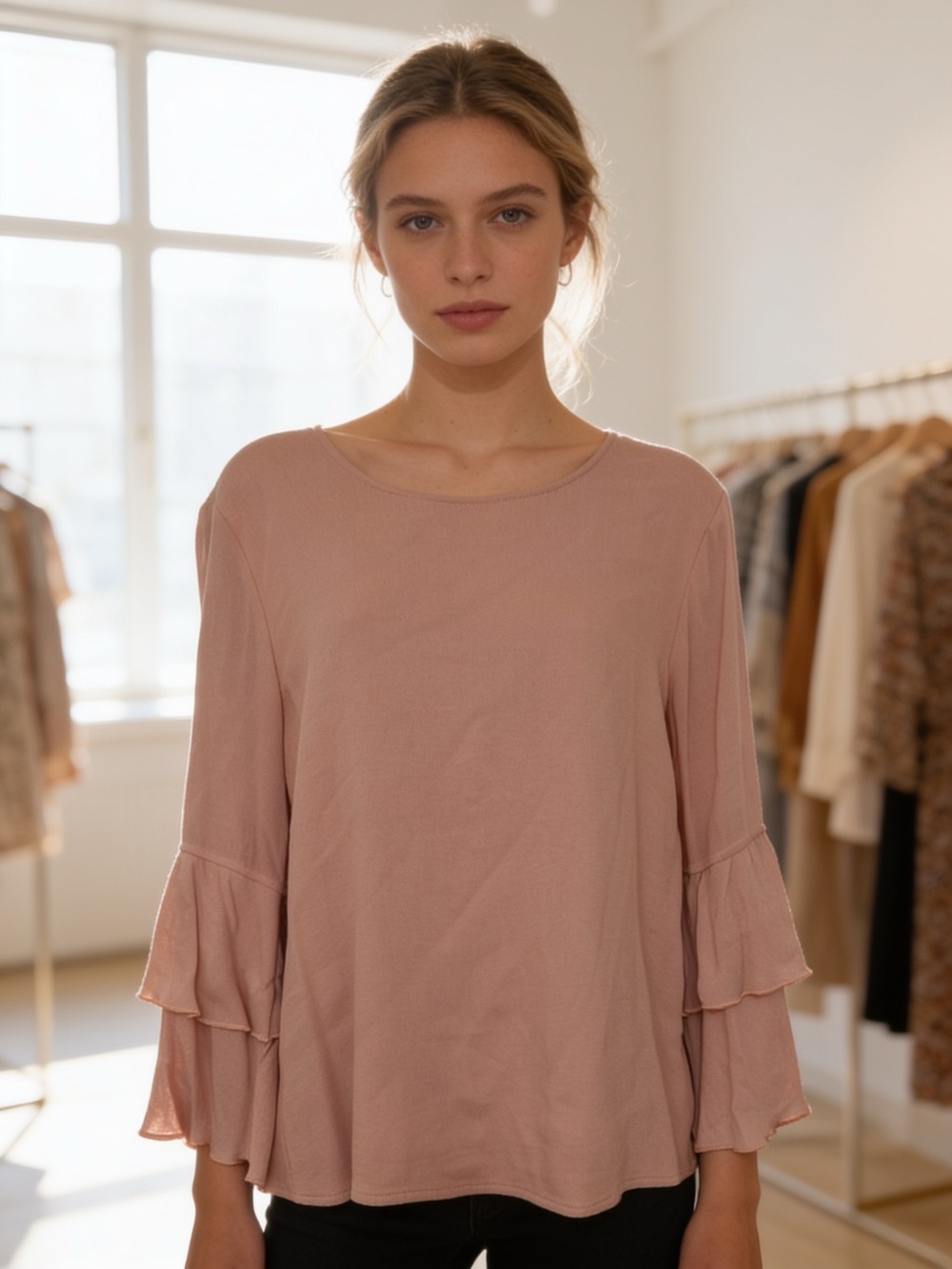 Leith Blush Pink Tiered Bell Sleeve Blouse Rayon Crepe Shift Top Medium